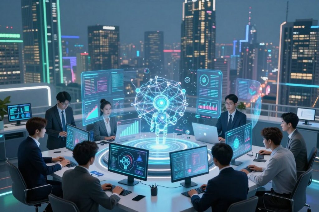 A futuristic representation of artificial intelligence technology trends, featuring a high-tech workspace in the foreground where diverse professionals collaborate on AI projects. They are dressed in smart business attire, surrounded by holographic displays showcasing data analysis, neural networks, and AI algorithms. In the middle, a sleek digital interface floats, integrating elements like graphs and robotic icons that illustrate current trends. The background features a city skyline with advanced architecture, bathed in soft blue and green lighting to convey innovation and growth. The atmosphere is one of excitement and hope, emphasizing the transformative potential of AI technology in contemporary society. Capture this scene from a slightly high angle to highlight both the intricate details of the workspace and the expansive cityscape beyond.