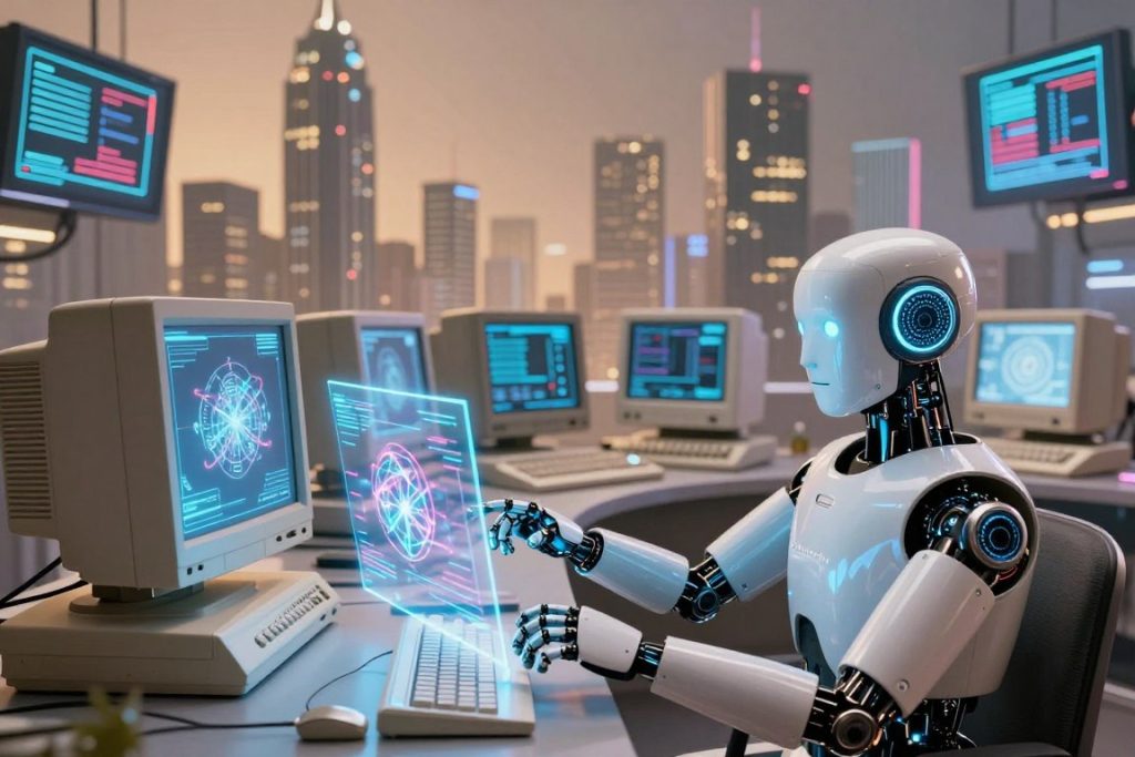 A visually striking representation of "AI evolution," focused on the transition from early computing to advanced AI technology. In the foreground, a sleek, futuristic robot interacts with a holographic display, showcasing data streams and visualizations of neural networks. The middle ground features a series of progressively advanced AI devices, from vintage computers to modern AI assistants, arranged in a dynamic arc. The background highlights a city skyline filled with towering skyscrapers, illuminated with digital screens symbolizing a tech-driven future. Soft, ambient lighting casts a warm glow, creating an optimistic atmosphere. Use a wide-angle lens to capture depth, with a slightly blurred background to emphasize the foreground elements. The overall mood conveys innovation, hope, and the limitless potential of AI.